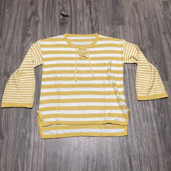 Misassy Loose Striped Sweater Top Bell Sleeve Lace Up Drawstring Knit Pullover M - Picture 2 of 6